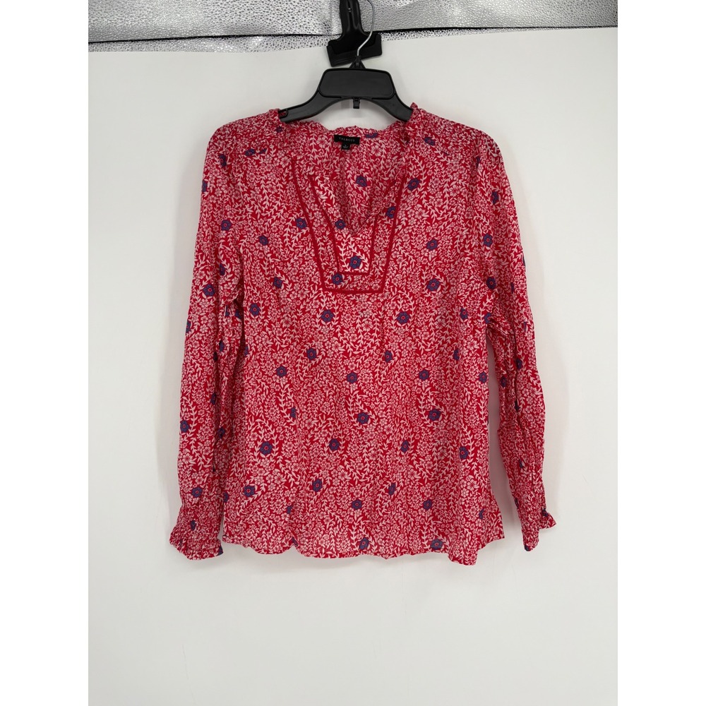 Talbots Blouse Womens L Red Floral Split Neck Smocked Cuff Embroidered Top
